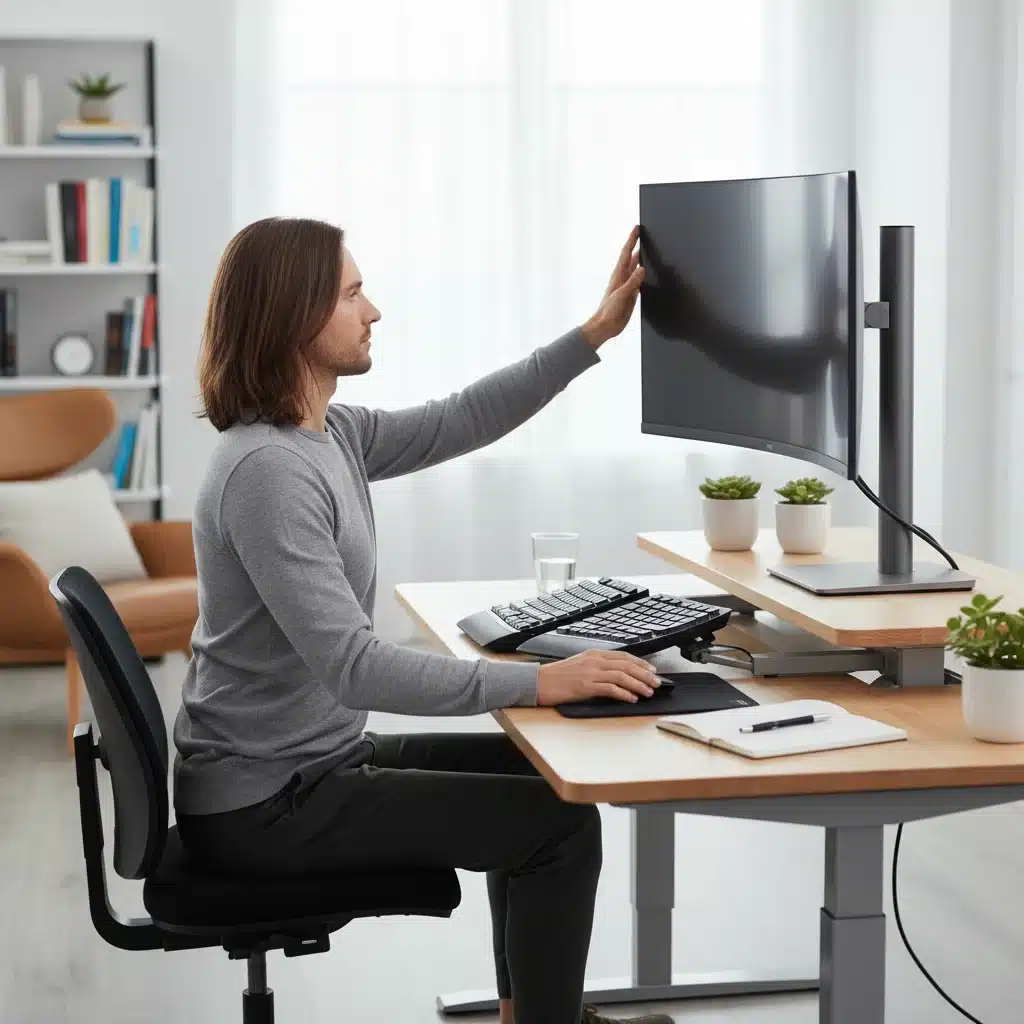 Person adjusting ergonomic workspace for comfort and focus