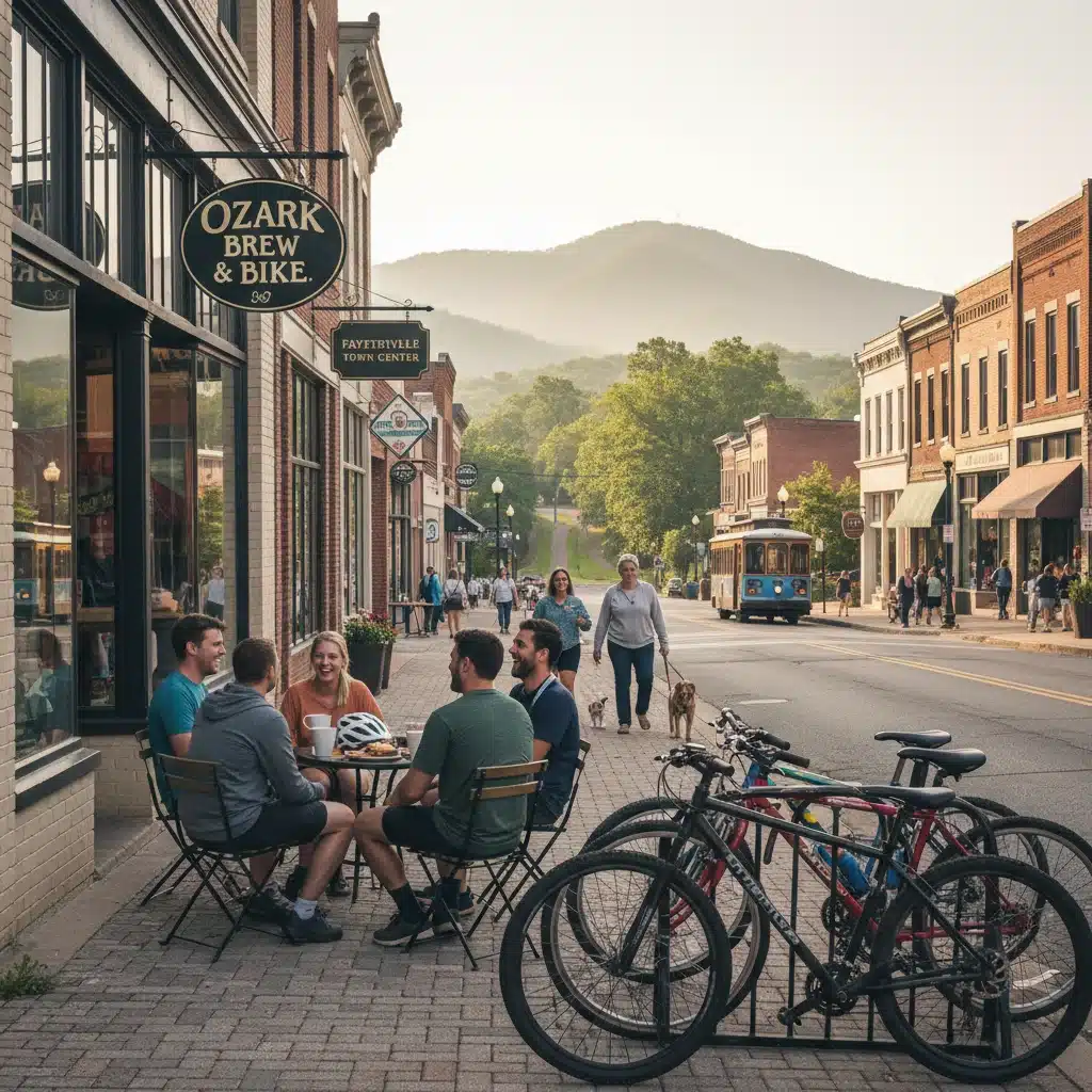 Scenic view of Fayetteville, Arkansas, blending historic architecture with natural beauty and active lifestyle.