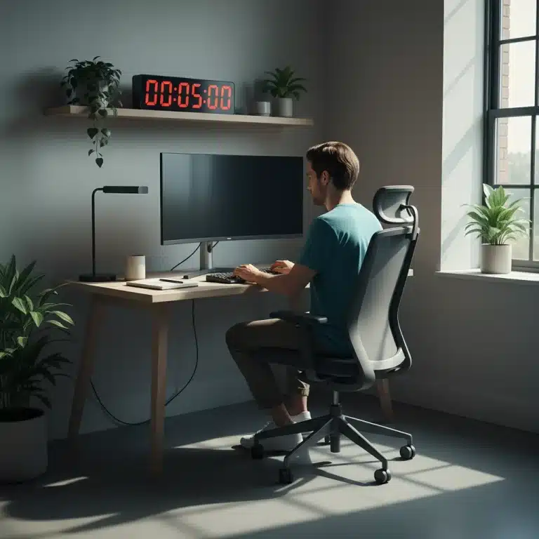 Person focused at computer with 5-minute timer