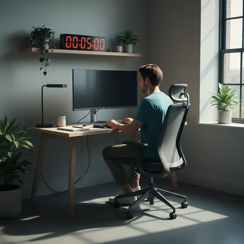 Person focused at computer with 5-minute timer