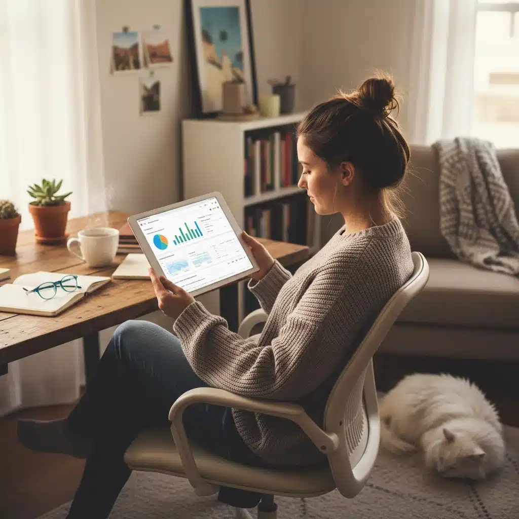 Freelancer using project management and invoicing software for efficient payment tracking