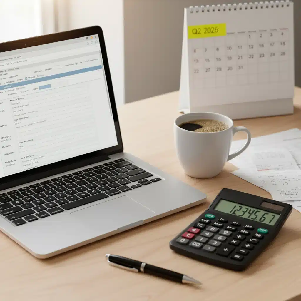 Freelancer working on Q2 2026 tax preparation, calculating estimated taxes.