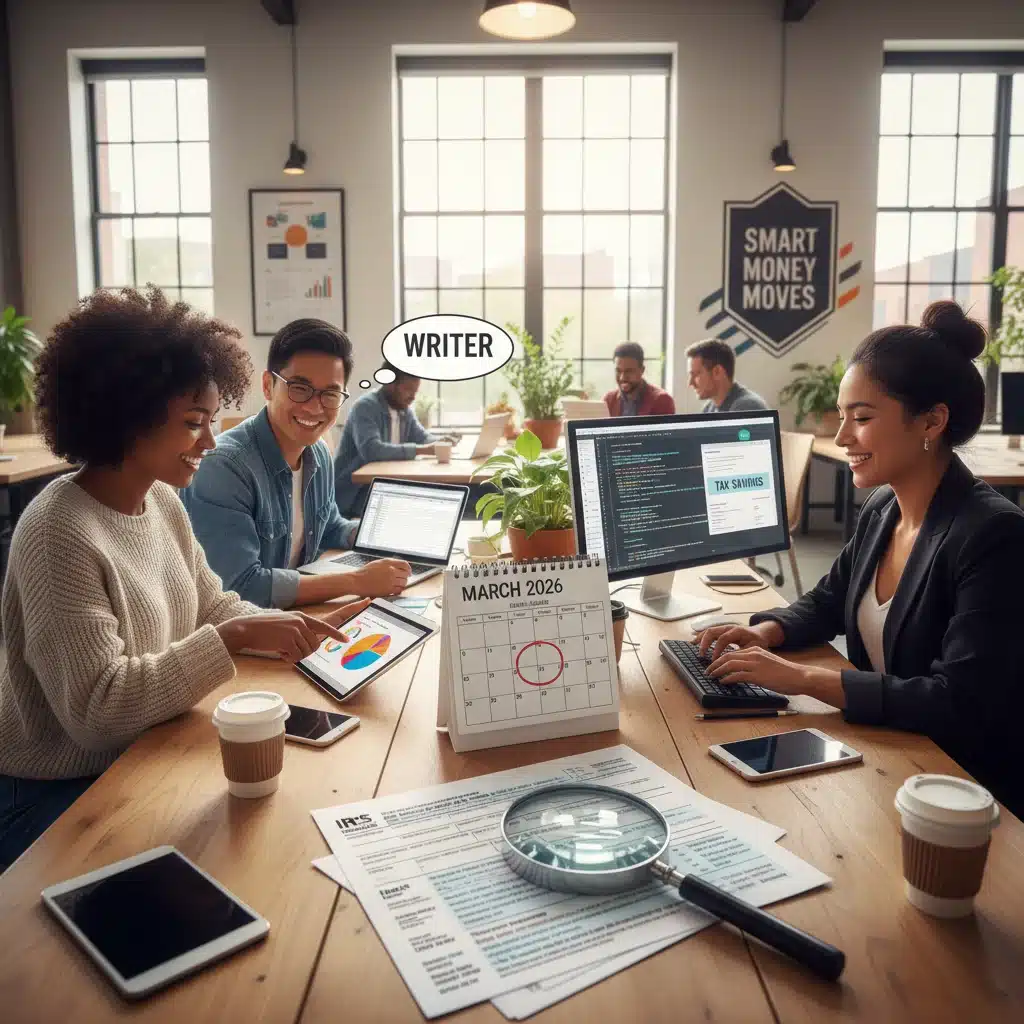 Freelancers reviewing 2026 tax documents for deductions and savings