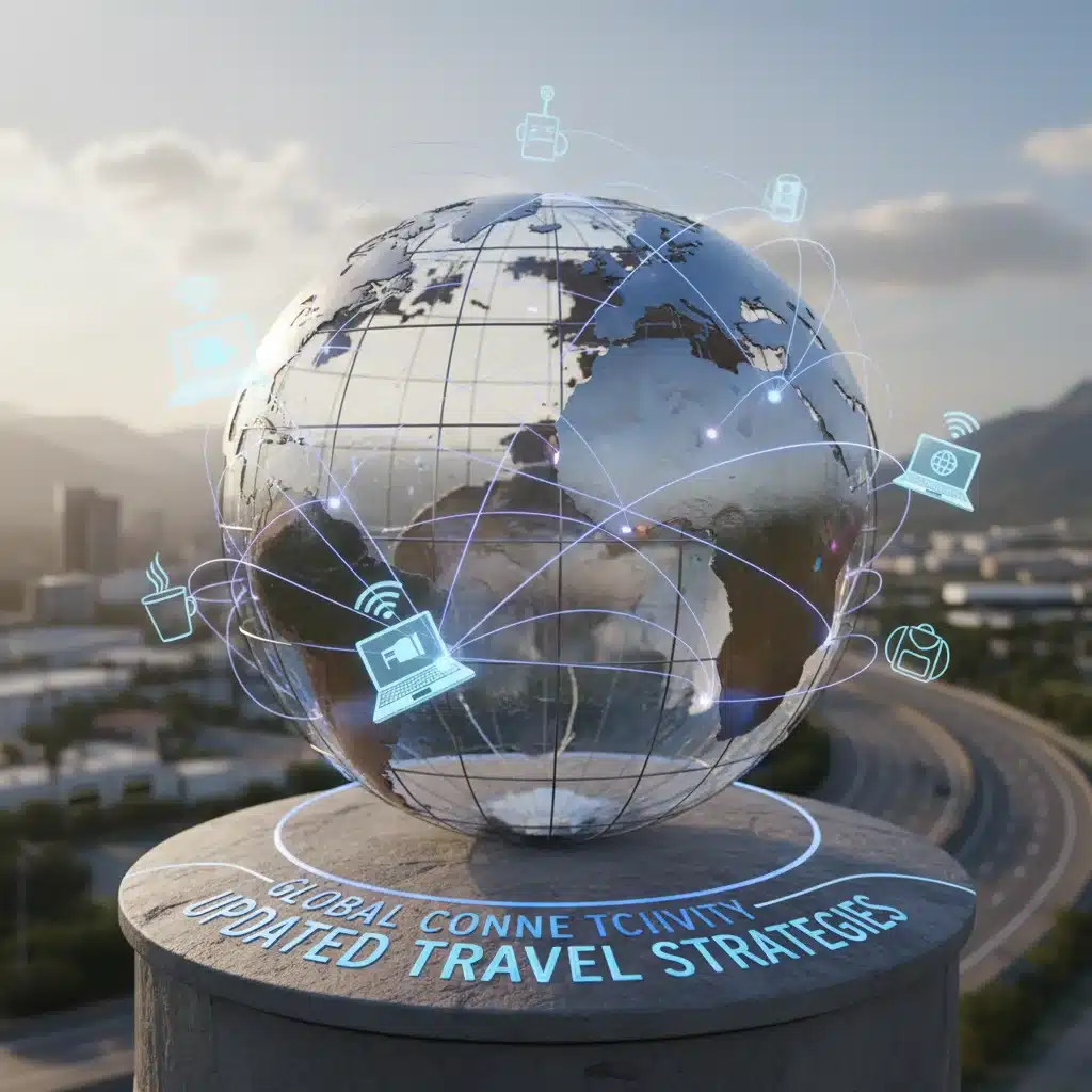 Globe with digital nomad tools, symbolizing global connectivity and updated travel strategies for 2026 US visa changes.
