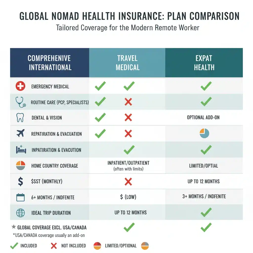 Infographic comparing international health insurance plans for digital nomads, highlighting coverage types.