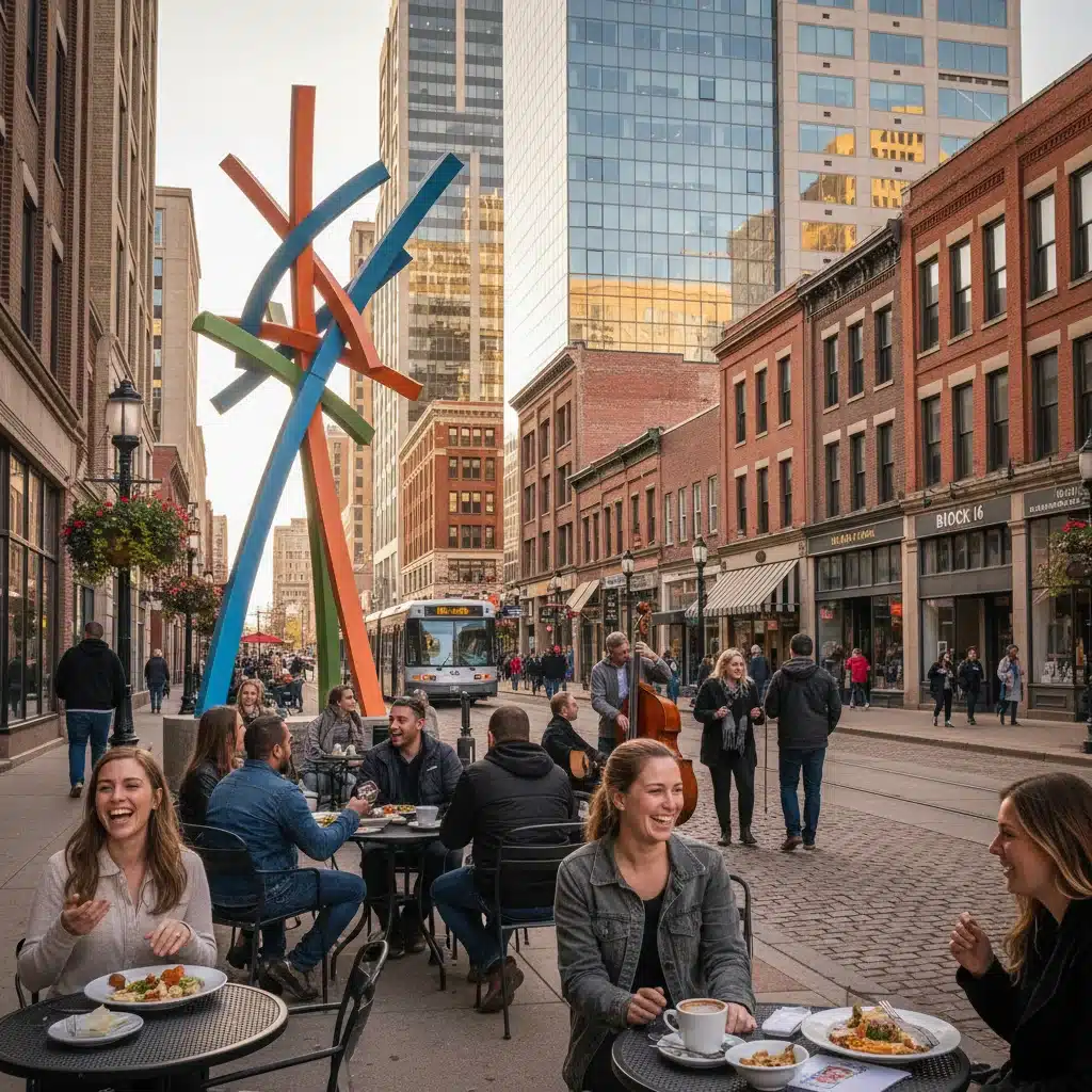 Bustling street scene in Omaha, Nebraska's Old Market district, showcasing its urban revitalization.
