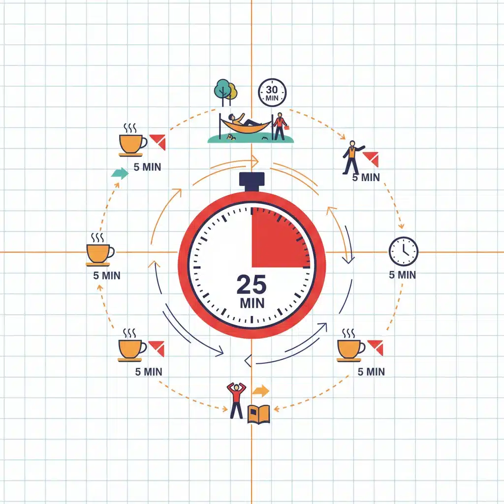 Illustration of the Pomodoro Technique with a timer and break intervals, symbolizing structured work sessions.