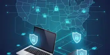 Digital shield protecting interconnected devices in a remote work setting across the US, symbolizing secure encrypted productivity tools.