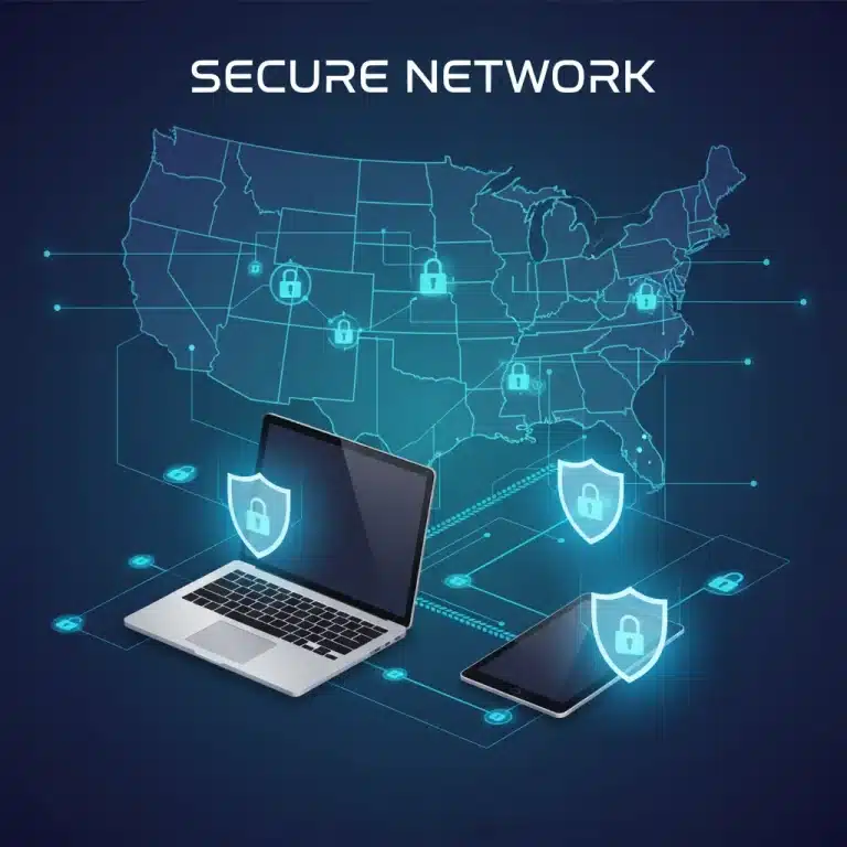 Digital shield protecting interconnected devices in a remote work setting across the US, symbolizing secure encrypted productivity tools.