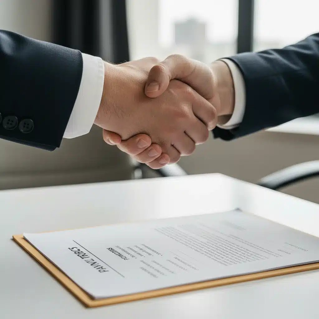 Client and freelancer shaking hands over a signed contract with clear payment terms
