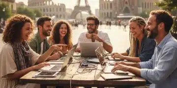 2026 Digital Nomad Health Insurance: US Citizens' Guide to Saving 15% on International Coverage US digital nomads working remotely in a European city, symbolizing international health insurance needs.