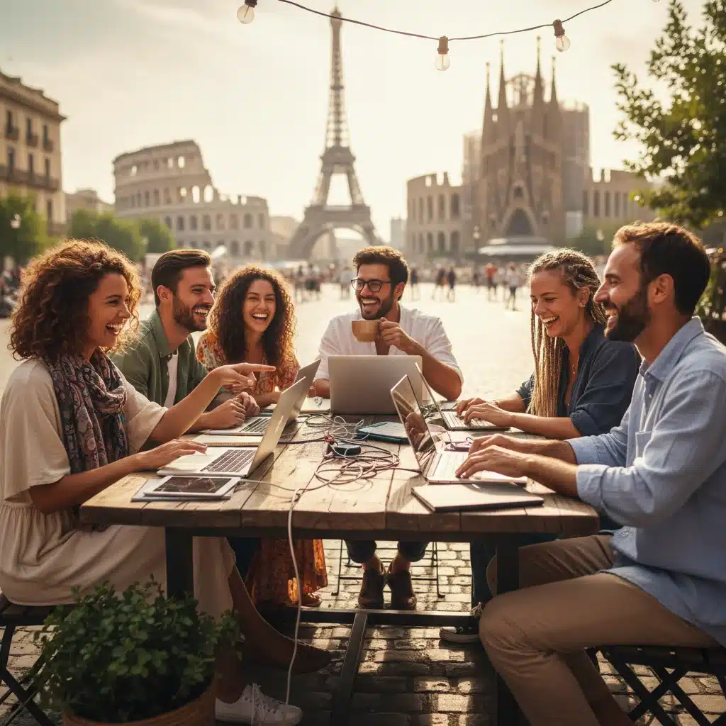 US digital nomads working remotely in a European city, symbolizing international health insurance needs.