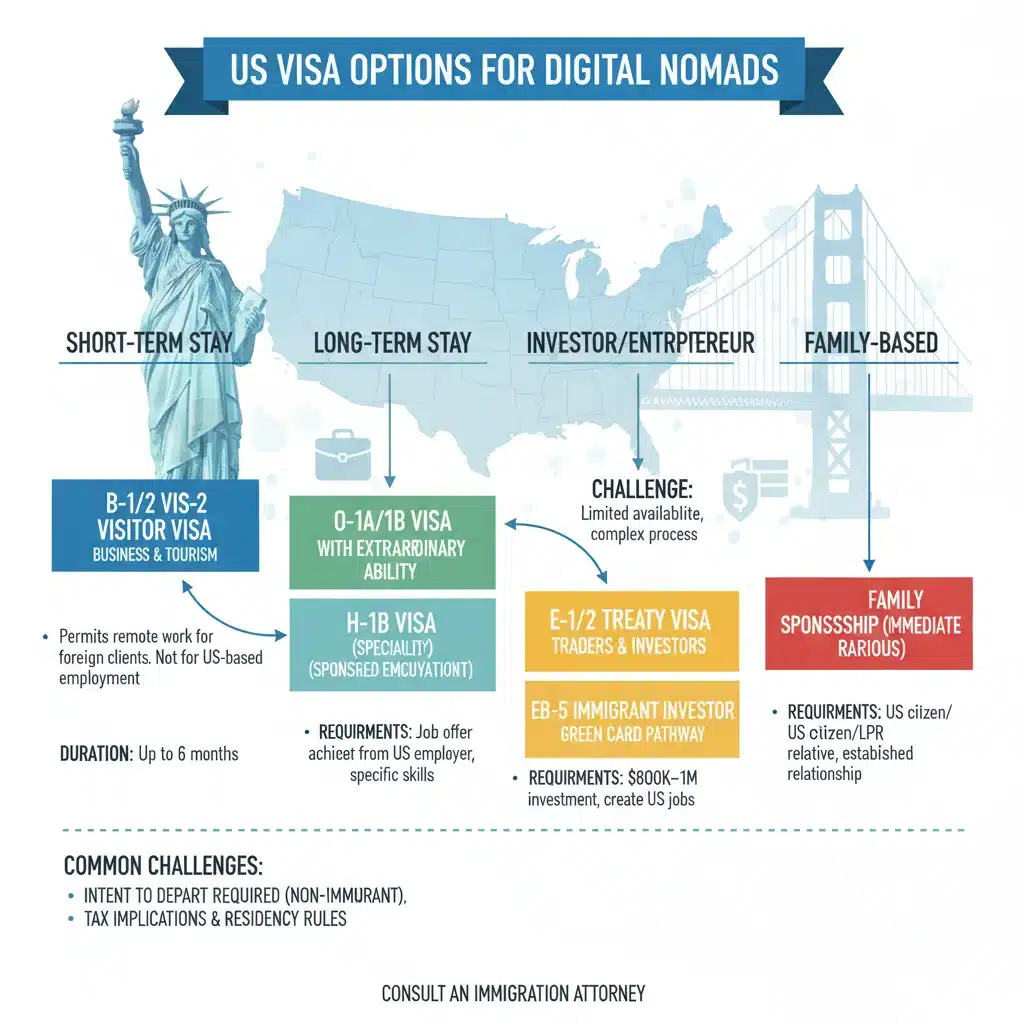 Infographic showing US visa options for digital nomads with pathways and requirements.