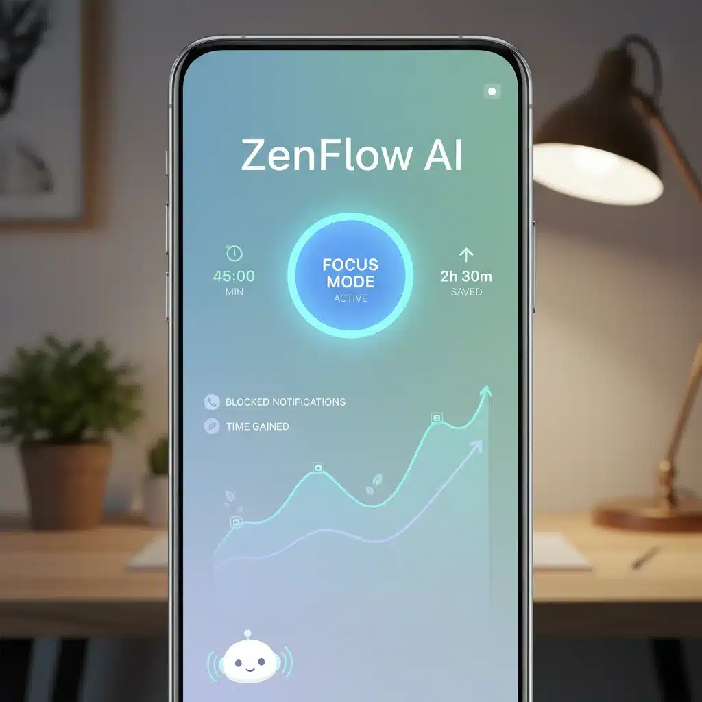 ZenFlow AI interface on a smartphone showing focus mode active