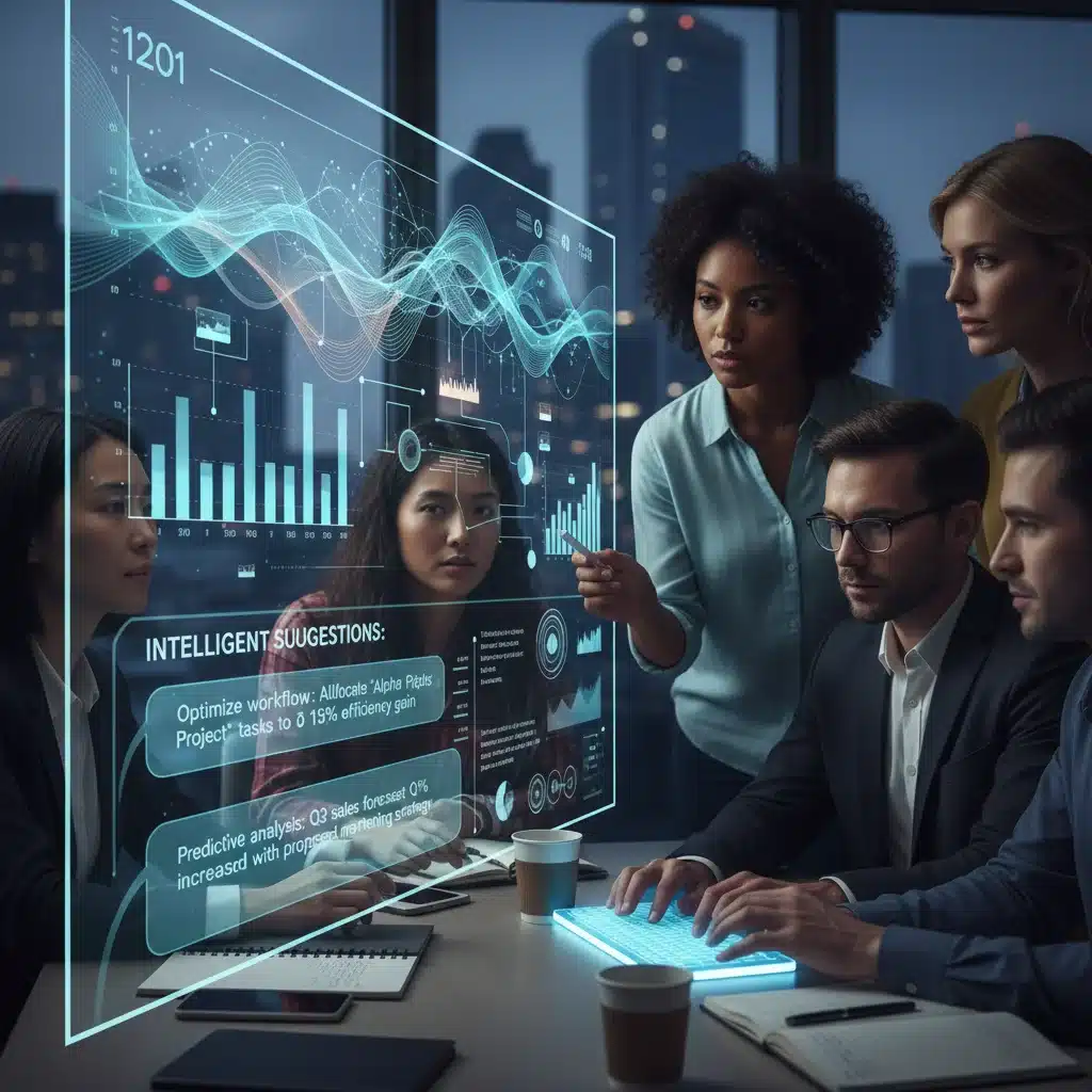 Team interacting with AI-powered collaboration dashboard showing data insights.