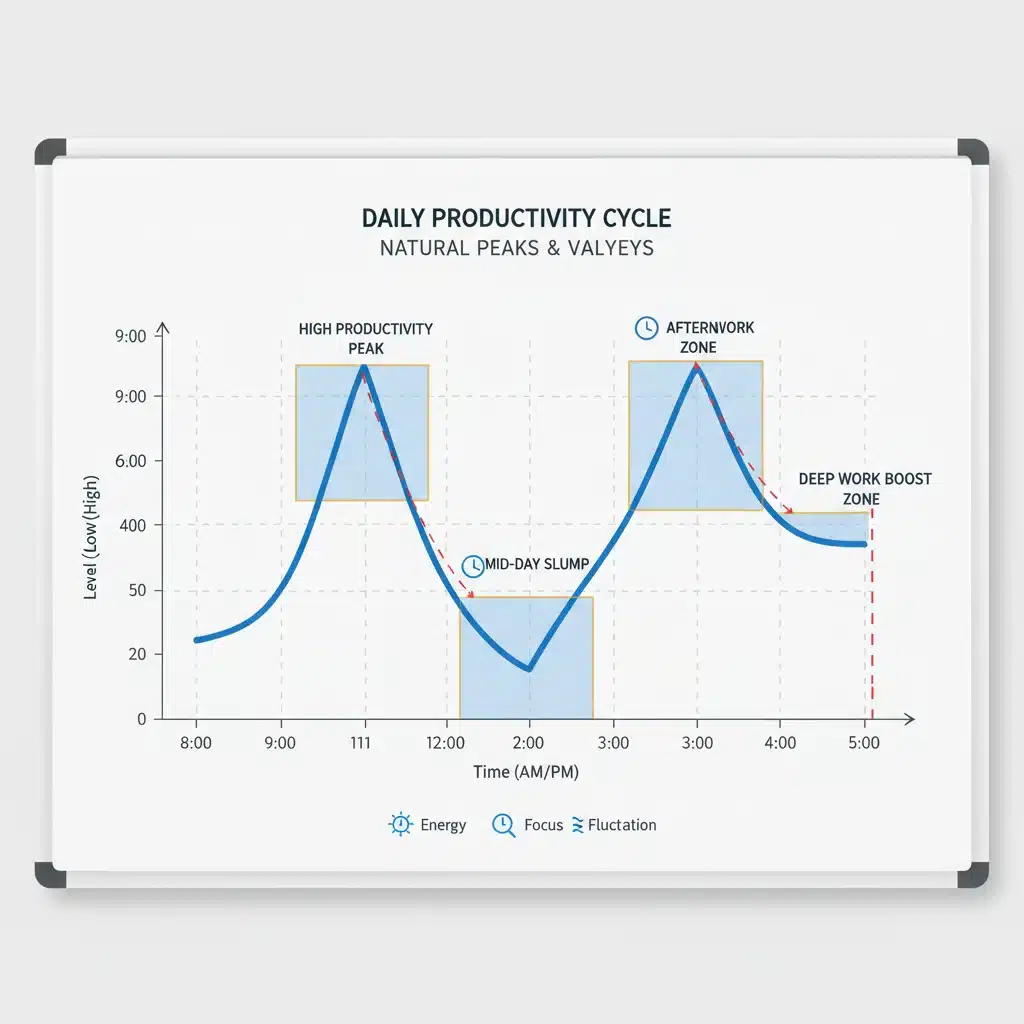 Graph showing daily energy and focus level fluctuations with marked peak productivity times
