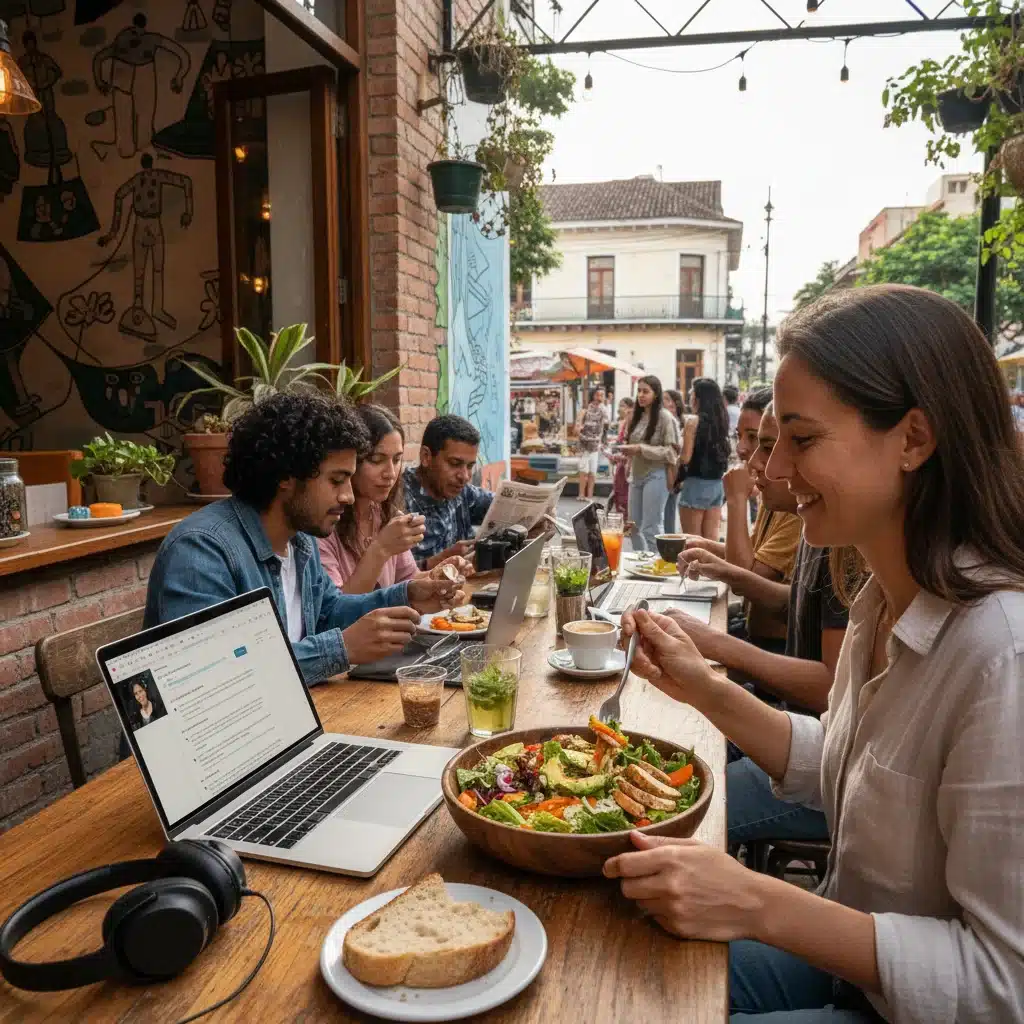 Digital nomad working remotely from a local US cafe.
