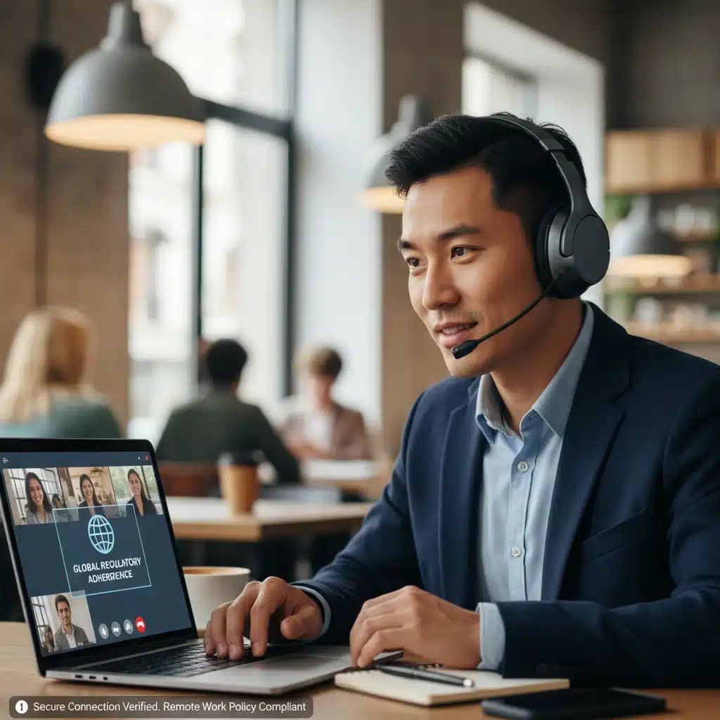 Digital nomad on a video conference call, representing remote work and the need for legal compliance.