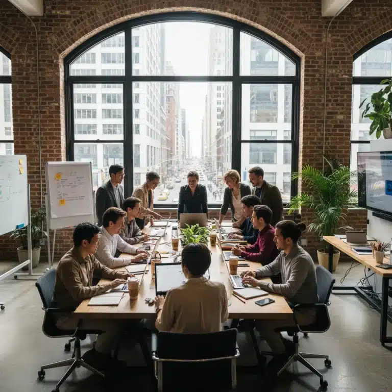 Diverse digital nomads collaborating in a modern US coworking space.