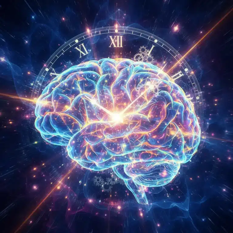 Abstract illustration of brain activity and a clock, symbolizing focus and time management for productivity