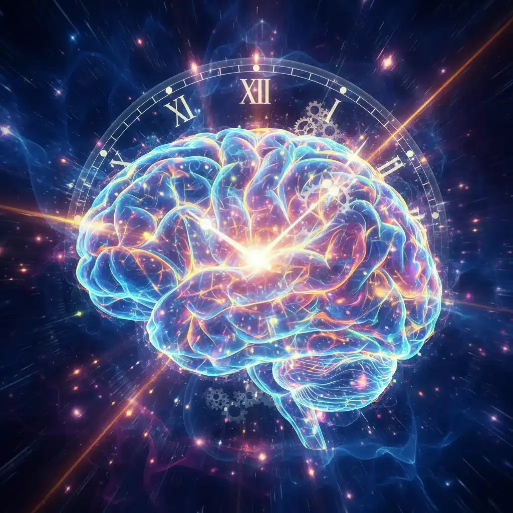 Abstract illustration of brain activity and a clock, symbolizing focus and time management for productivity