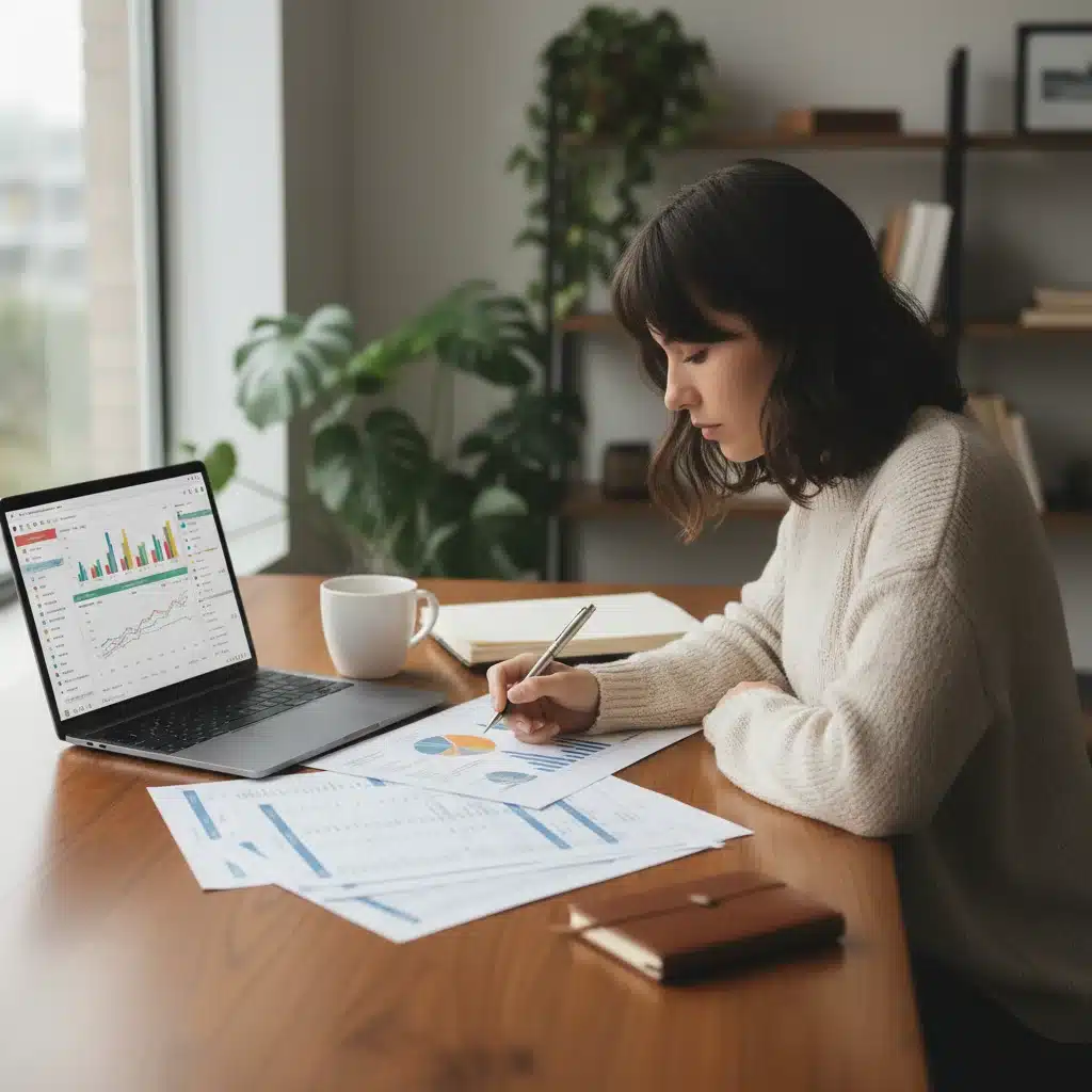 Freelancer reviewing investment portfolio and financial plans
