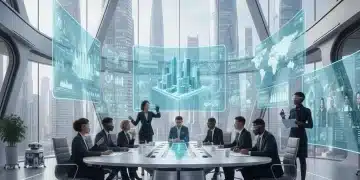 Futuristic virtual collaboration with holographic displays and augmented reality in a modern office.