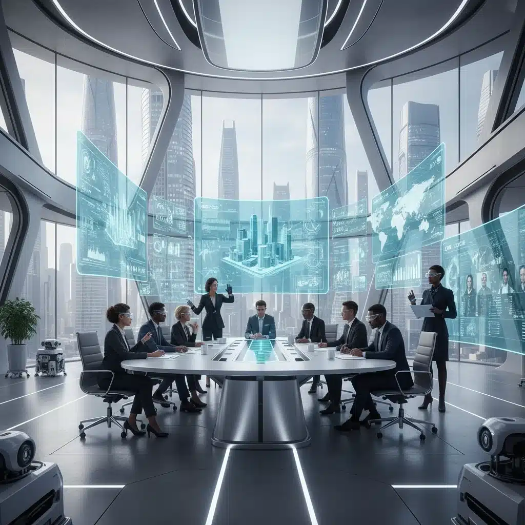 Futuristic virtual collaboration with holographic displays and augmented reality in a modern office.