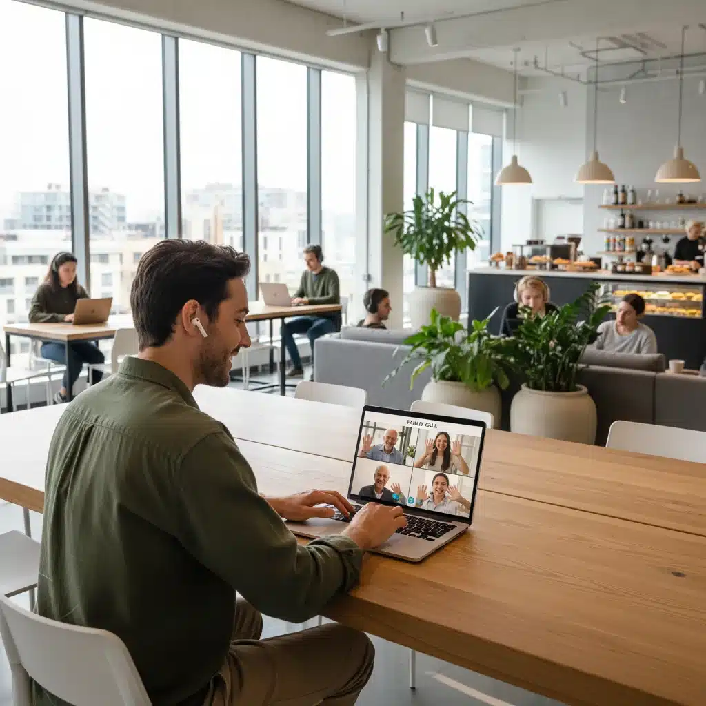 Digital nomad video calling family from co-working space