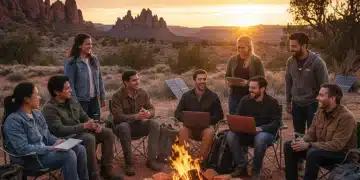 Maintaining Social Connections While Nomading in the US: Strategies for 2026 Digital nomads connecting around a campfire in a US national park