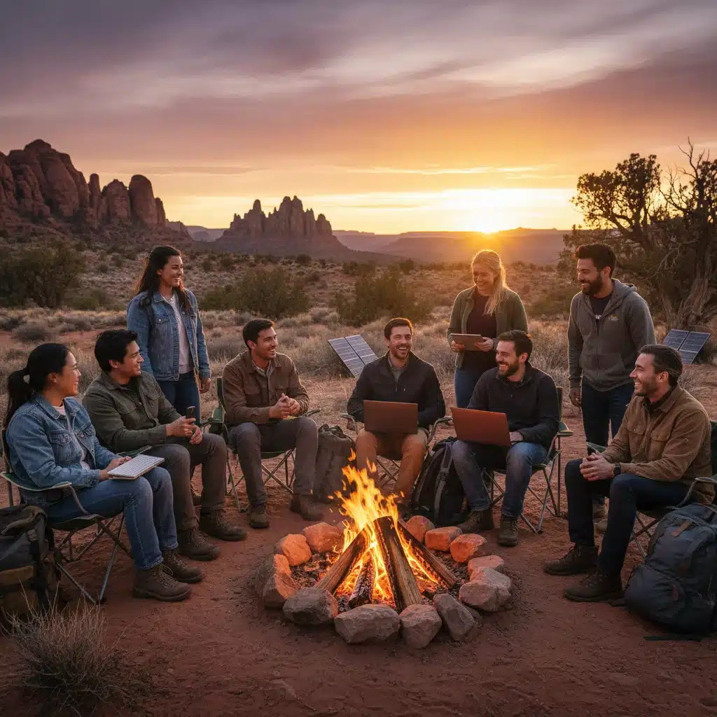 Digital nomads connecting around a campfire in a US national park