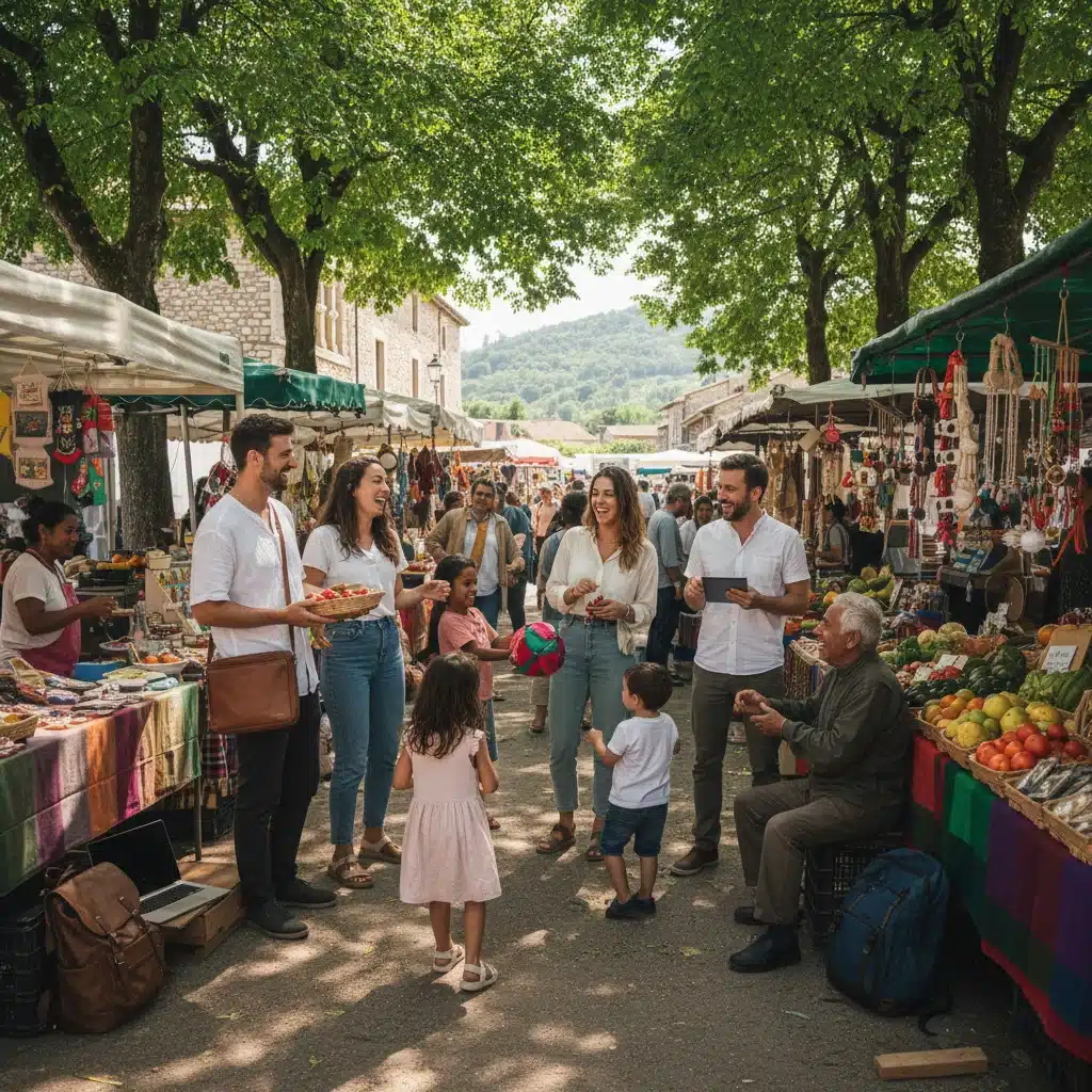 Digital nomads engaging with local community at a farmers market