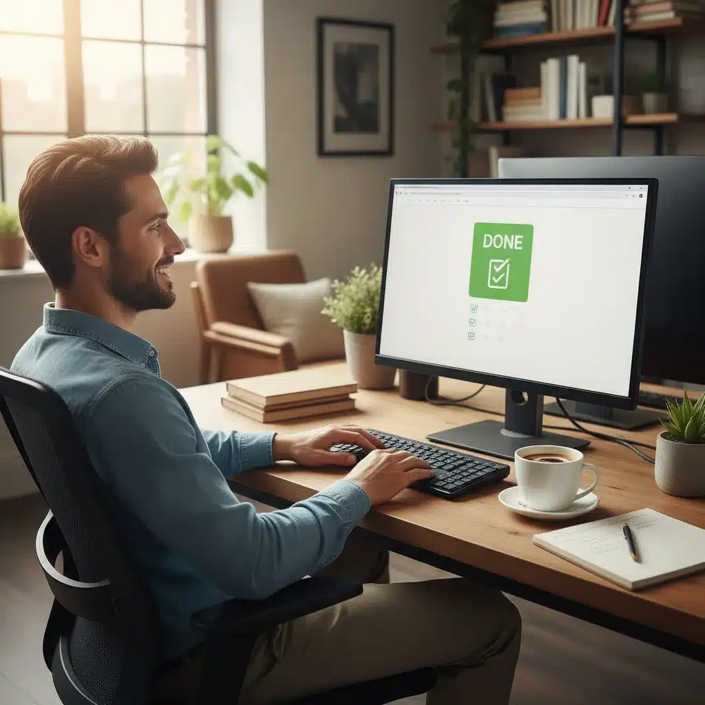 Productive person completing tasks in a home office setting