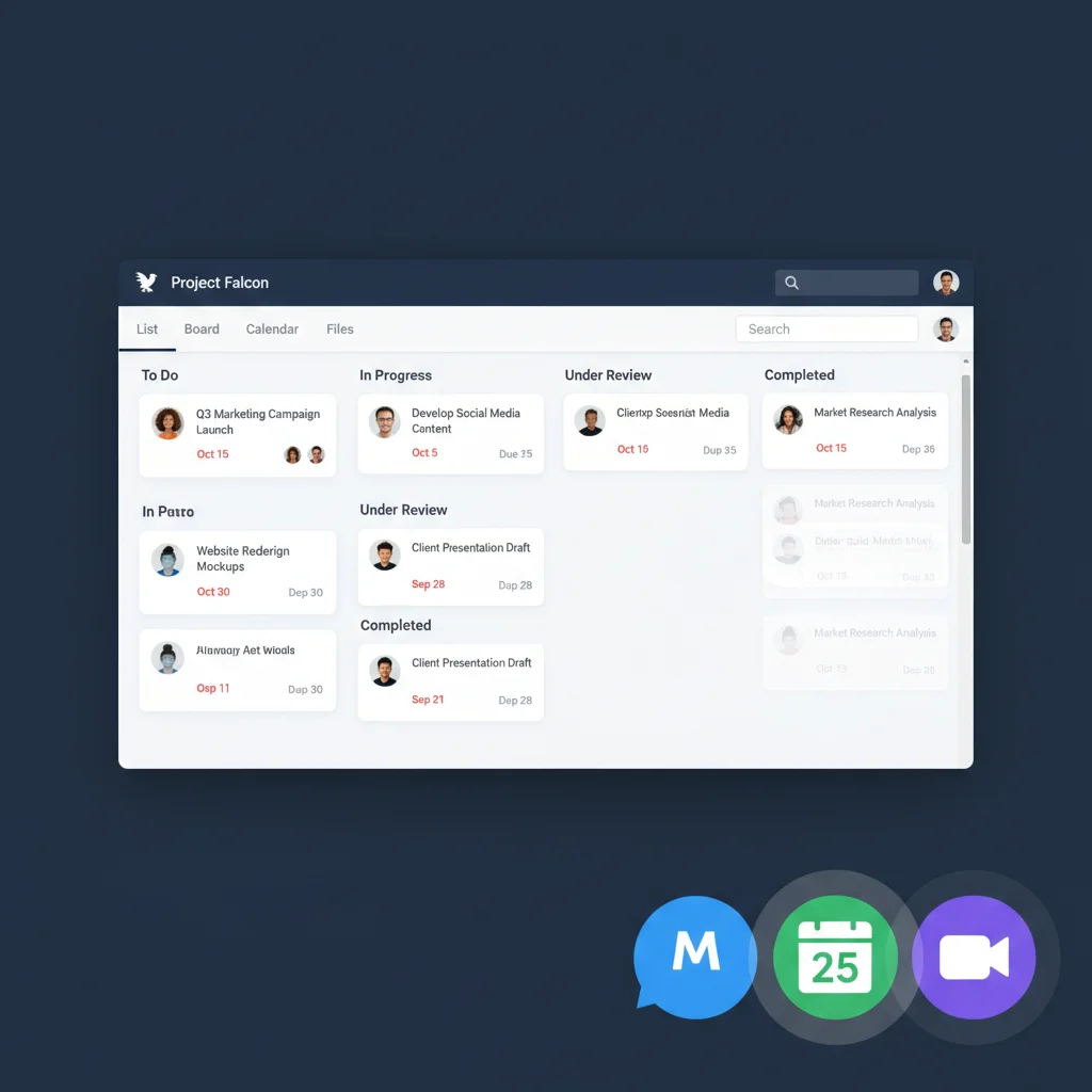 Project management dashboard with integrated communication and calendar