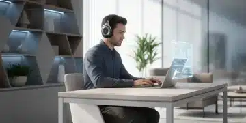Woman focused in modern home office with advanced headphones
