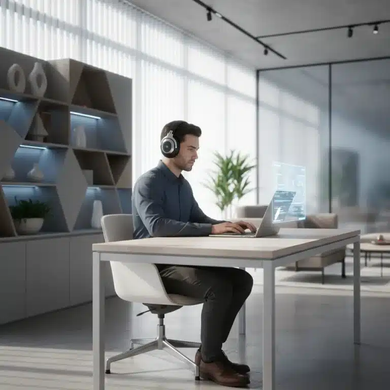 Woman focused in modern home office with advanced headphones