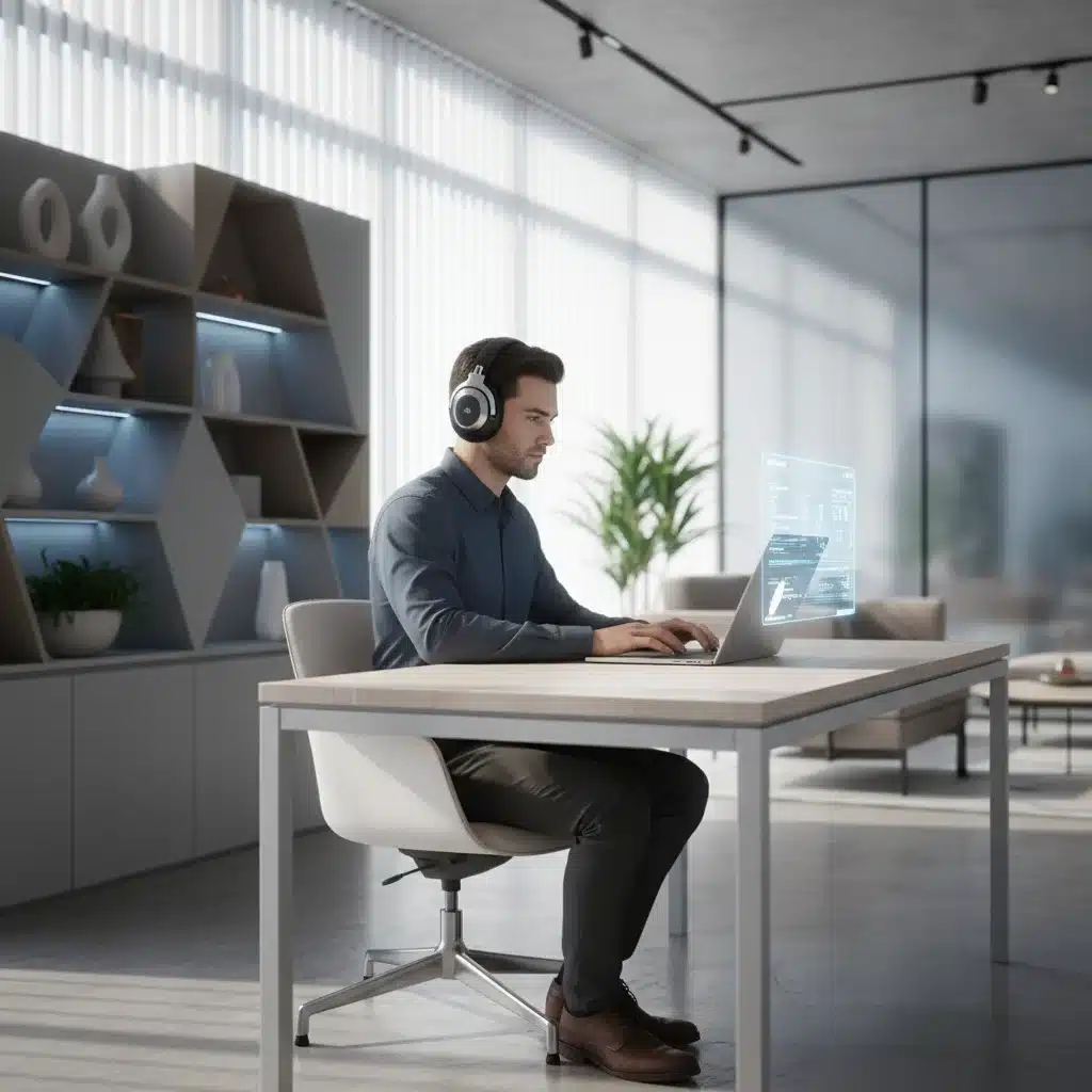 Woman focused in modern home office with advanced headphones