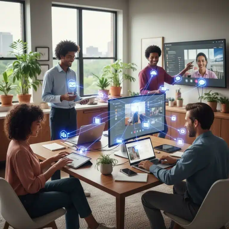Remote workers collaborating with integrated productivity apps