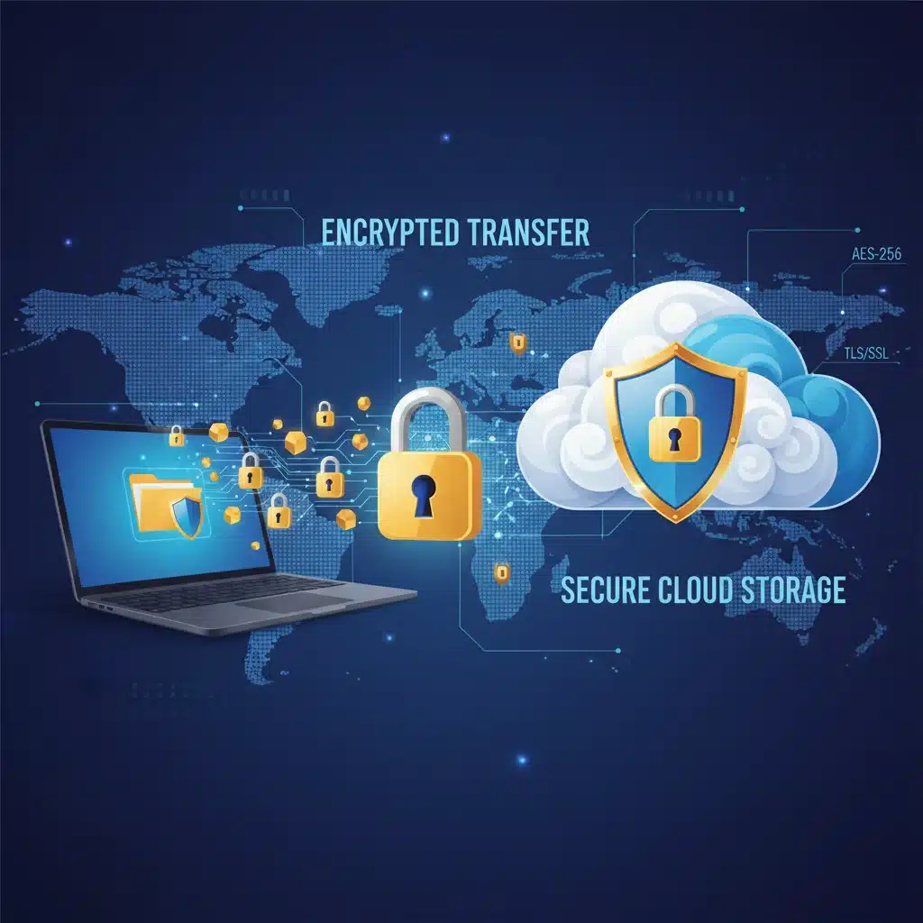 Secure data transfer and encryption in cloud storage