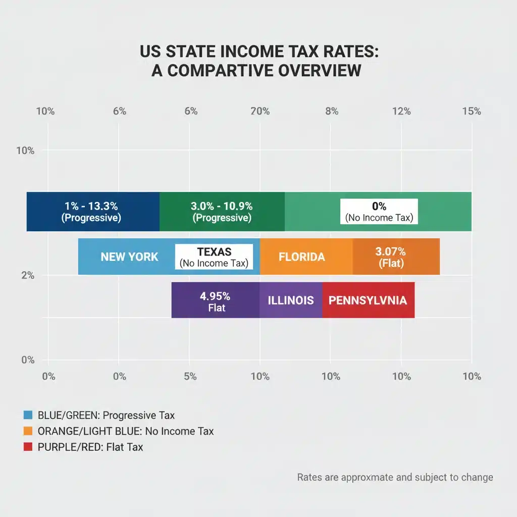 Infographic comparing state income tax rates for digital nomads in different US states.