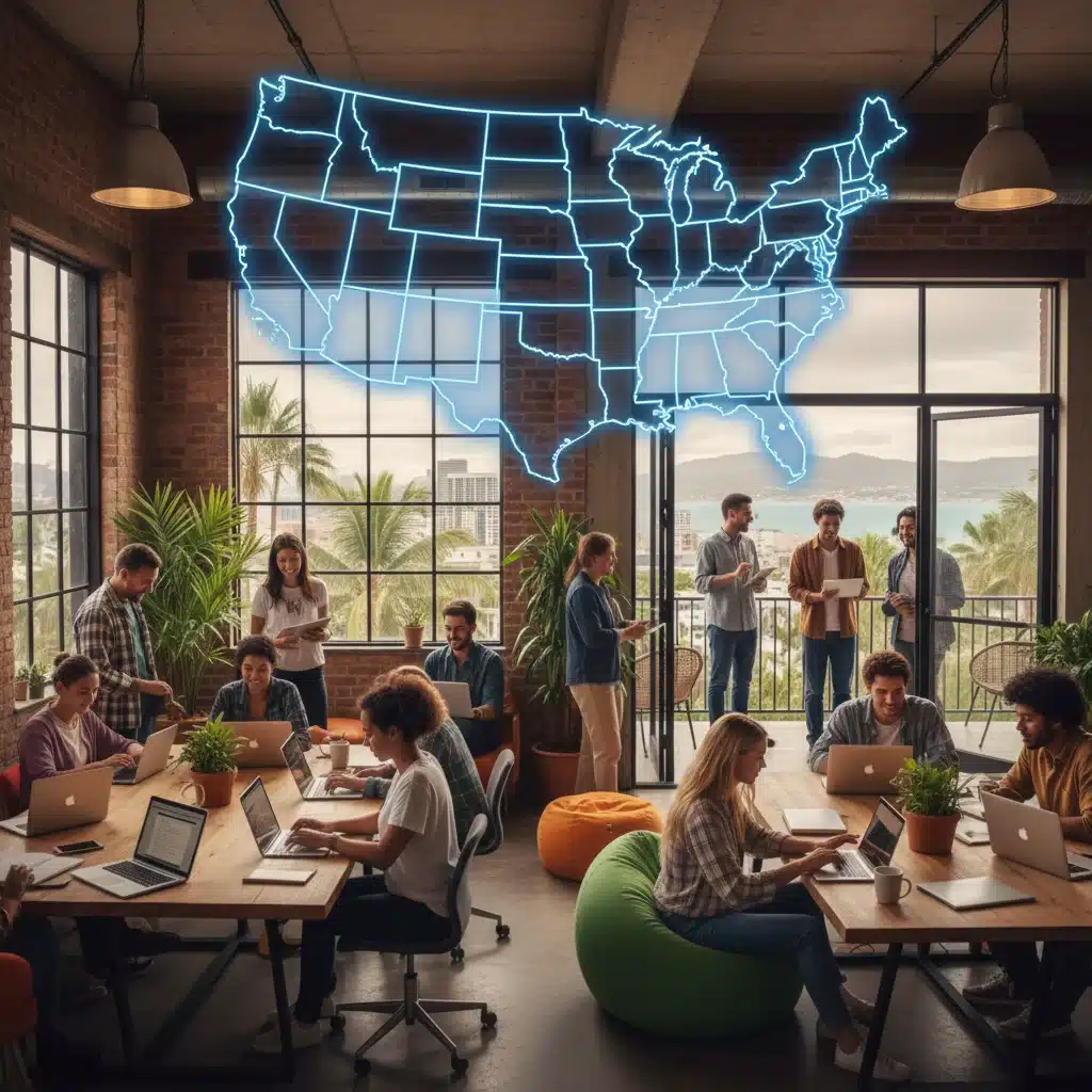Digital nomads working remotely across various US states, symbolizing flexibility and diverse regulations.