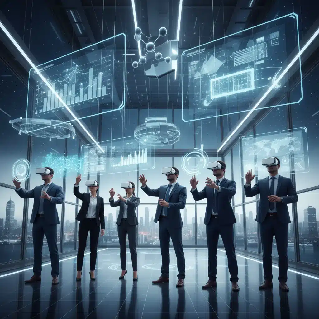 Professionals in VR headsets conducting an immersive virtual meeting.